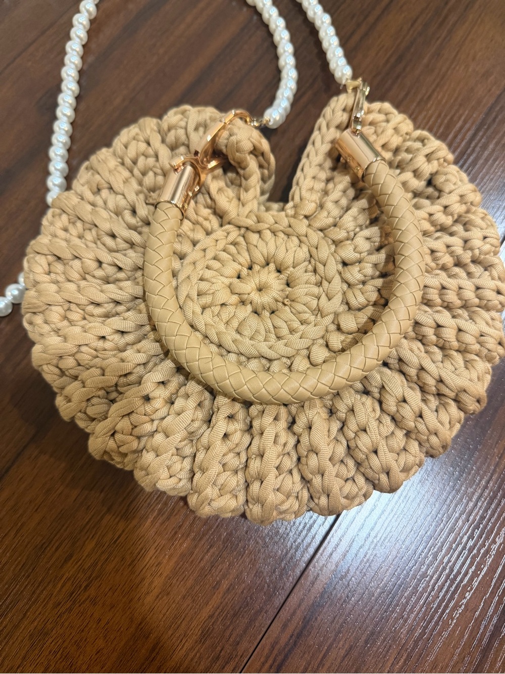 Woven Round Shoulder Bag in Tan with Pearl Strap